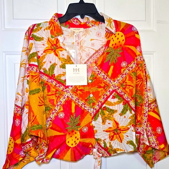 Haute Hippie Tops - Haute Hippie LS Crop Top Vibrant Button Up Tie Shirt Medium NEW Flowers Sun